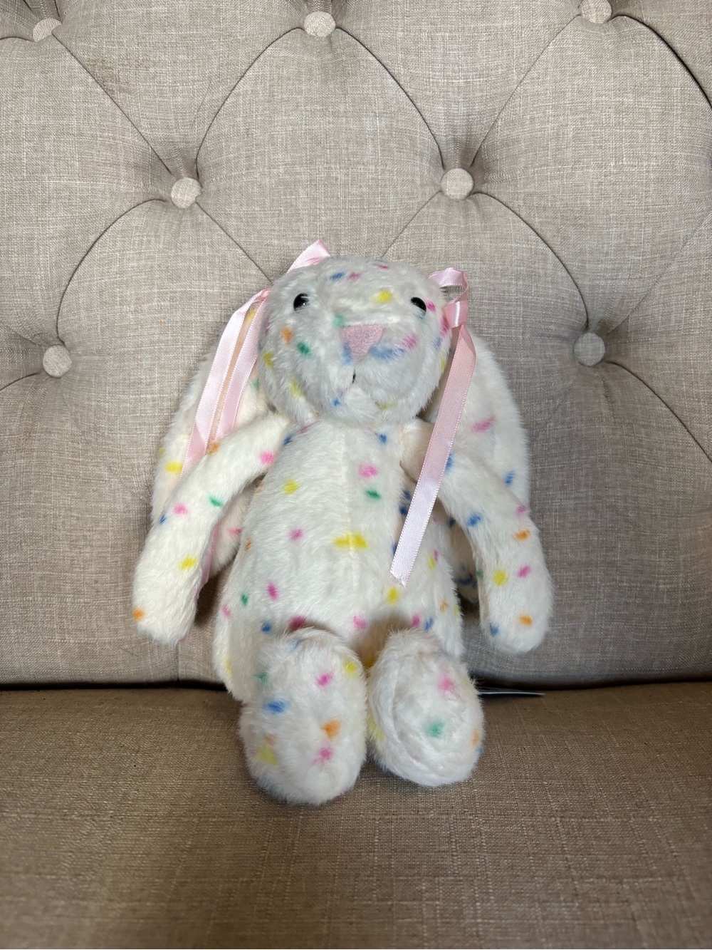Jellycat White Bunny with Pastel Polka Dots and Pink Ear Ribbons